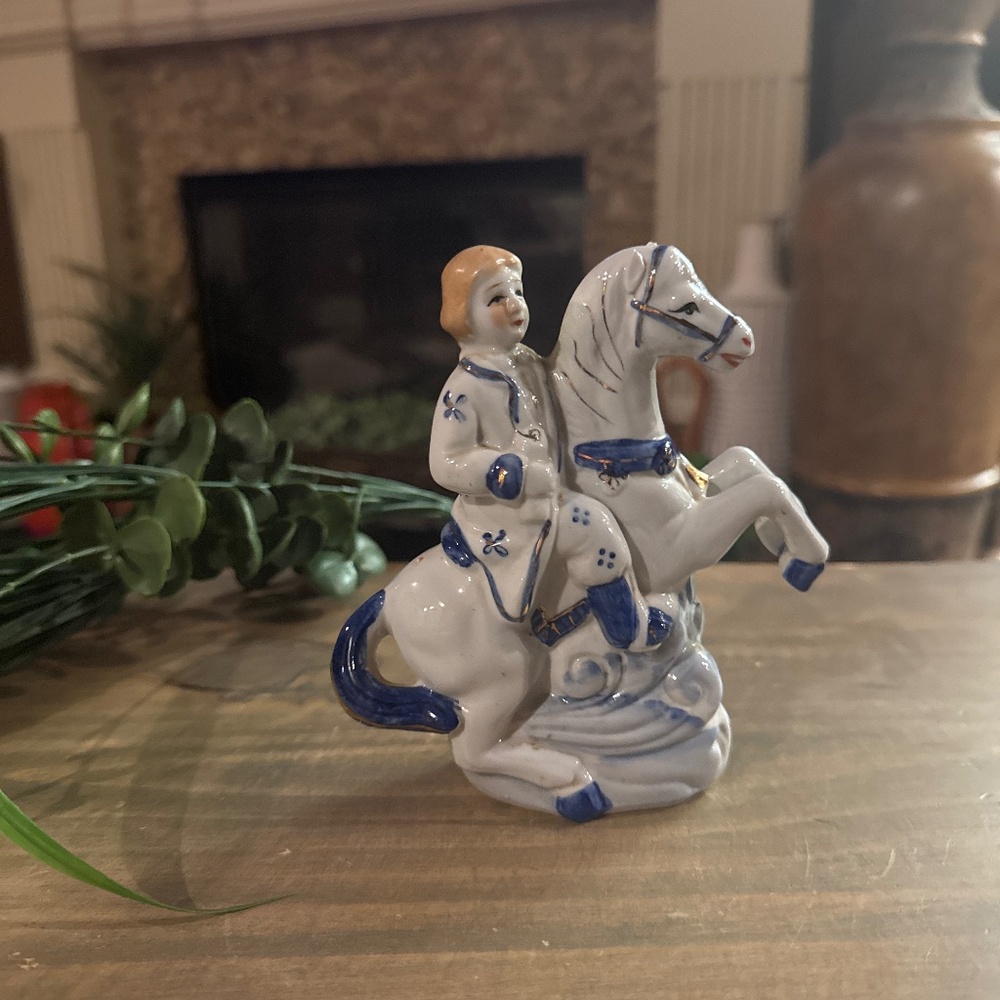 Vintage Pair Blue White Porcelain Man on Horse Figurine Mantle Statue